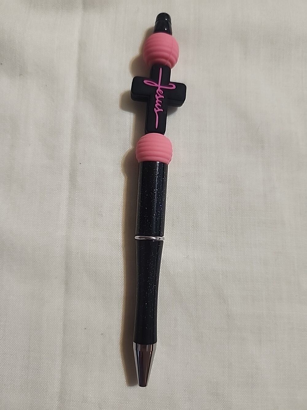 Bead Pen Jesus Black Cross Black Pen Pink Beads Handmade